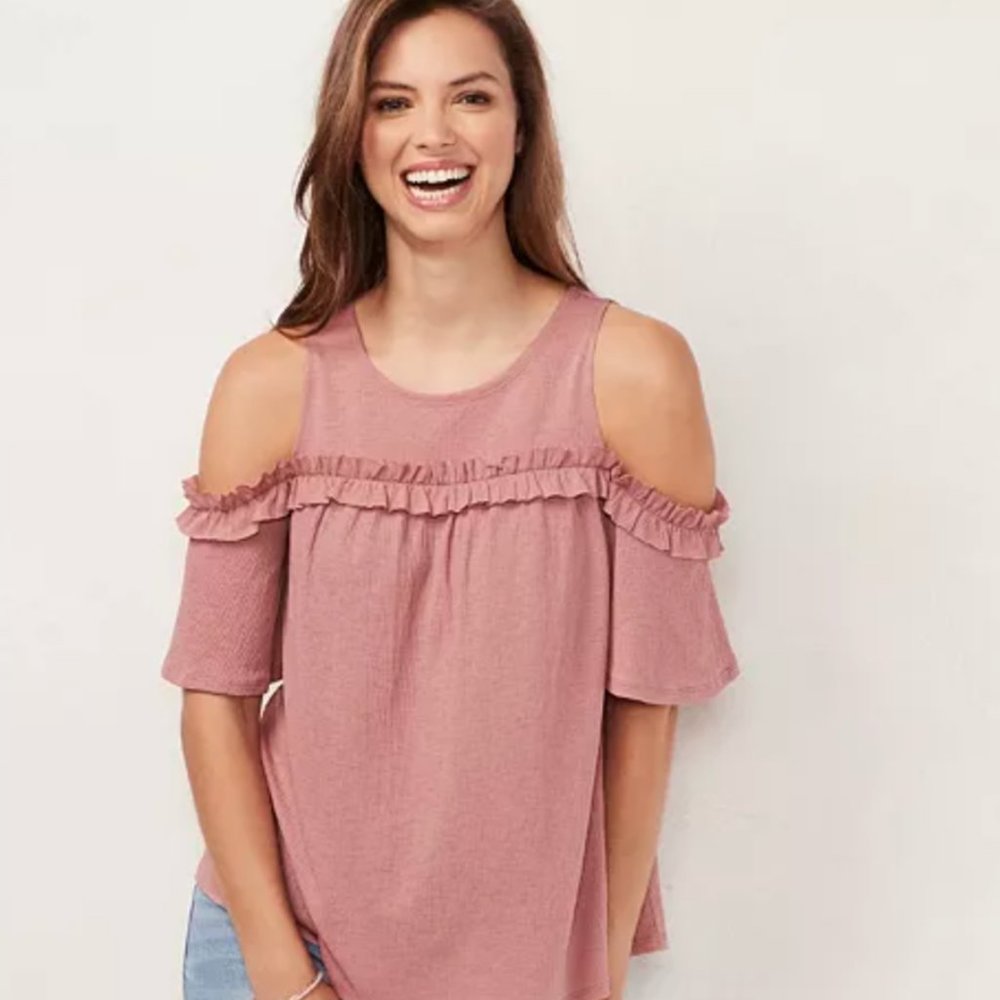 LC Lauren Conrad Gray Cold Shoulder Ruffled Blouse - Picture 1 of 8